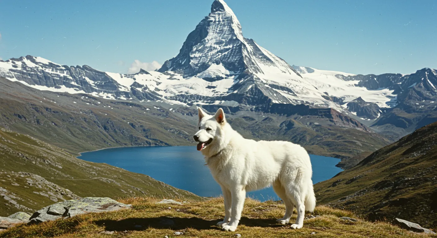 White shepherd dog in Swiss Alps landscape, historic breed development