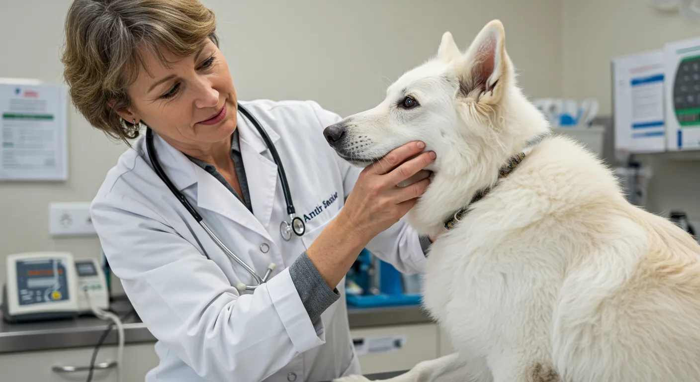 Veterinarian performing neurological examination on white shepherd