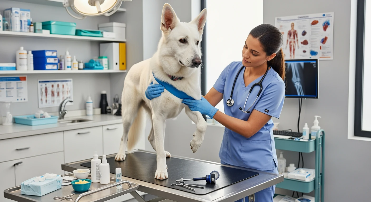 Veterinarian examining elbow of white shepherd