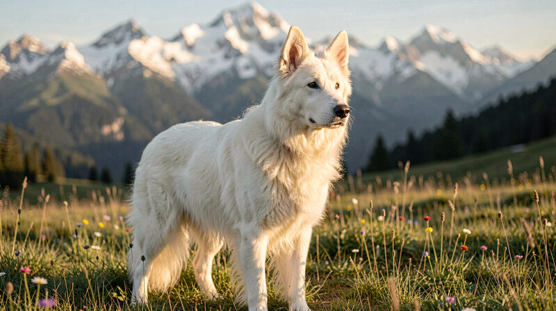 White German Shepherd standing alert in a sunlit alpine meadow
