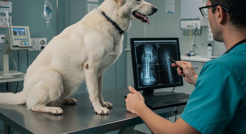 White shepherd walking on a veterinary treadmill during a hip screening