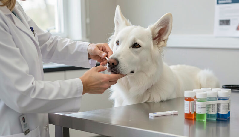 Veterinarian taking a cheek swab from a calm white shepherd for DNA testing