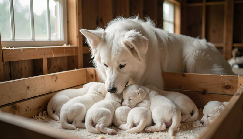 White shepherd mother nursing newborn puppies in a whelping box