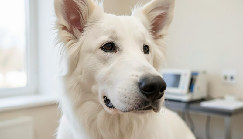 Close-up profile of a White Swiss Shepherd showing dark eyes and black nose