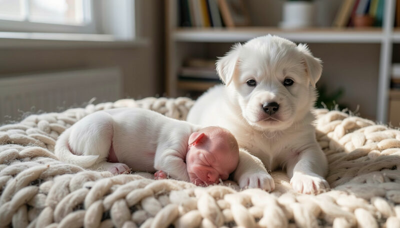 White shepherd puppies of different ages lying side by side on a wool blanket