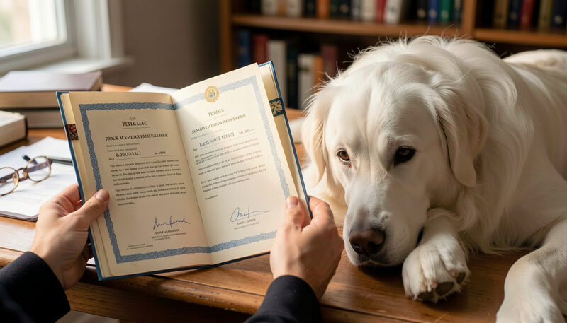Hands holding an open pedigree booklet beside a resting white shepherd