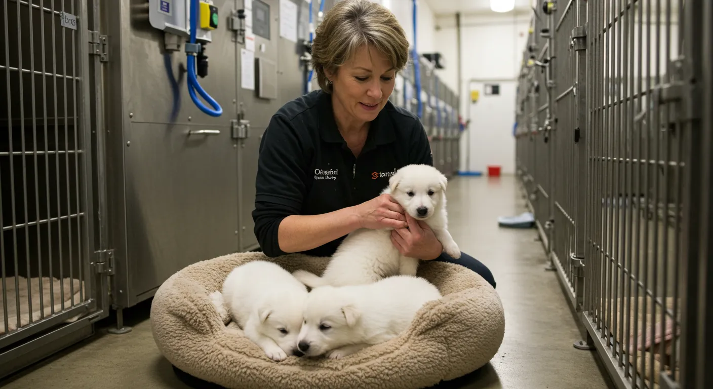 White shepherd breeder with litter of puppies