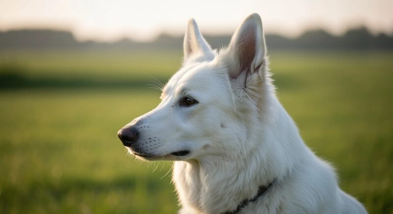 White shepherd head close-up showing upright ears and dark eyes