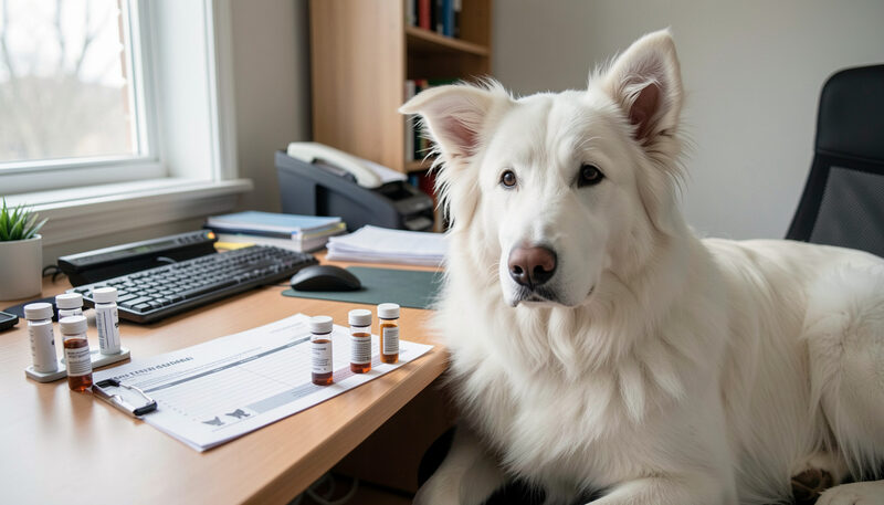 Printed canine DNA test report and sample vials beside a resting white shepherd