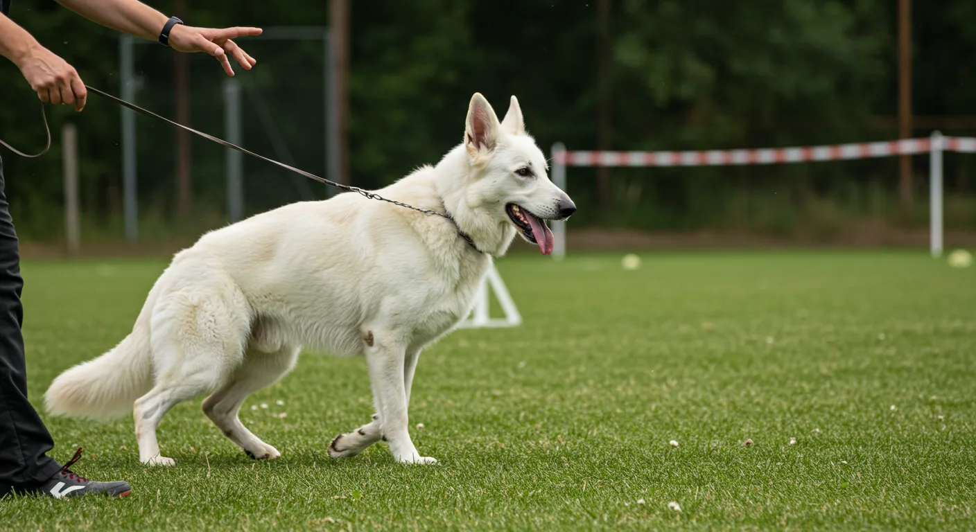 White shepherd dog during obedience training